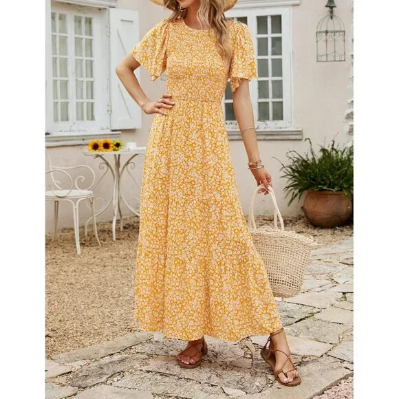 Women's Yellow Summer Casual Floral Print Short Flutter Sleeve Flowy Maxi Dress